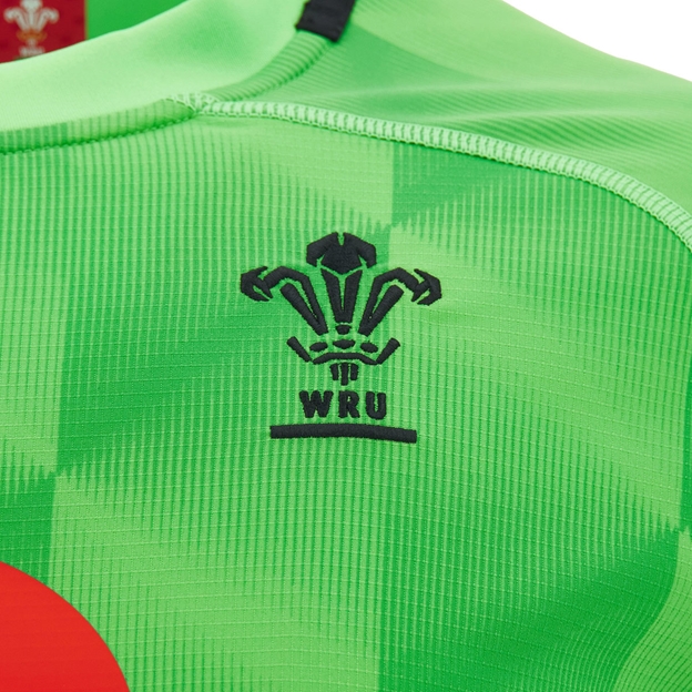 Wales Kids Training Rugby Shirt 26/27 Neon Green - WRU Logo Close-up