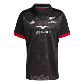Maori All Blacks Mens Home Rugby Shirt Short Sleeve Black 25/26 - Front View