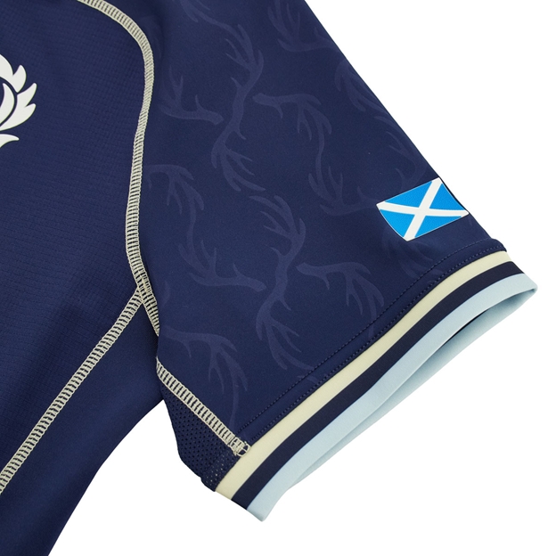Scotland Mens Bodyfit Home Rugby Shirt 26/27 Navy and Sand - Sleeve Flag Detail