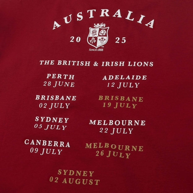 British & Irish Lions Mens Tour'25 T-Shirt Red - Tour Fixtures