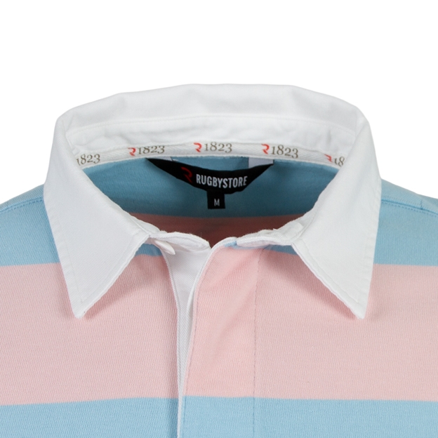 Rugby 1823 Mens Striped Rugby Shirt Long Sleeve Sky Blue and Pink - Collar