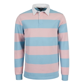 Rugby 1823 Mens Striped Rugby Shirt Long Sleeve Sky Blue and Pink - Front