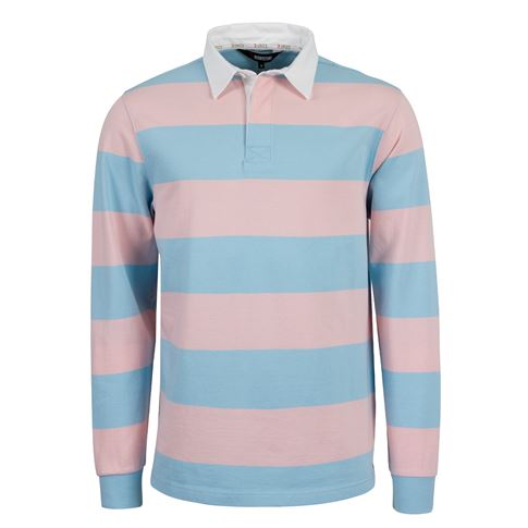 Rugby 1823 Mens Striped Rugby Shirt Long Sleeve Sky Blue and Pink - Front