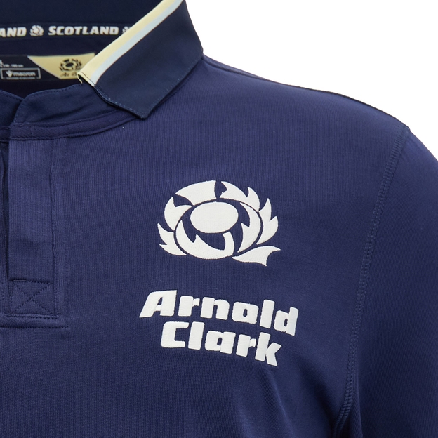Scotland Mens Home Classic Cotton Rugby Shirt 26/27 Short Sleeve Navy and Sand - SRU Thistle Close-up