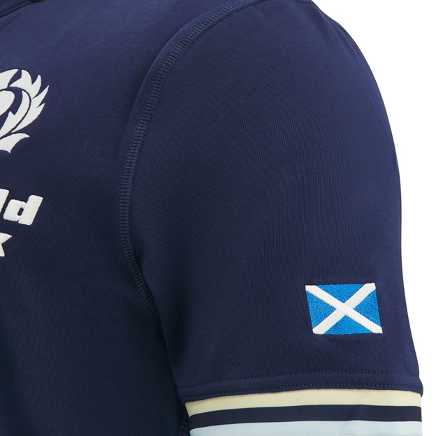 Scotland Mens Home Classic Cotton Rugby Shirt 26/27 Short Sleeve Navy and Sand - Scottish Flag Close-up