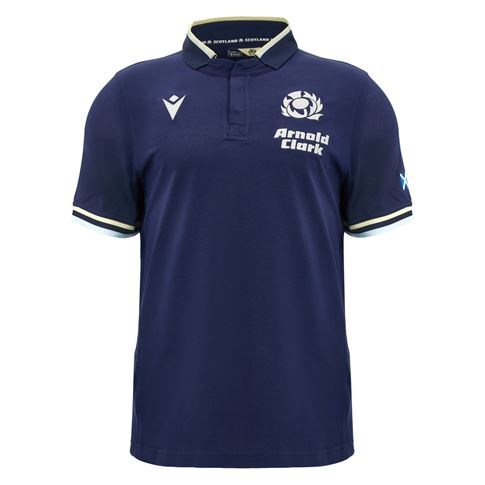 Scotland Mens Home Classic Cotton Rugby Shirt 26/27 Short Sleeve Navy and Sand - Front View