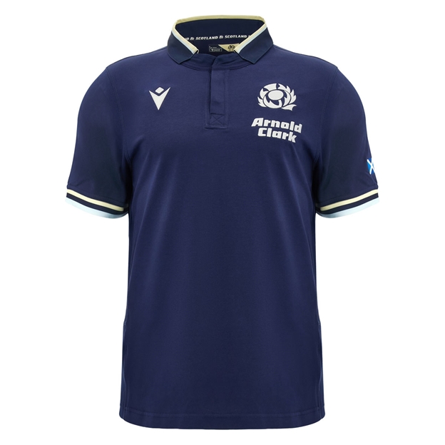 Scotland Mens Home Classic Cotton Rugby Shirt 26/27 Short Sleeve Navy and Sand - Front View
