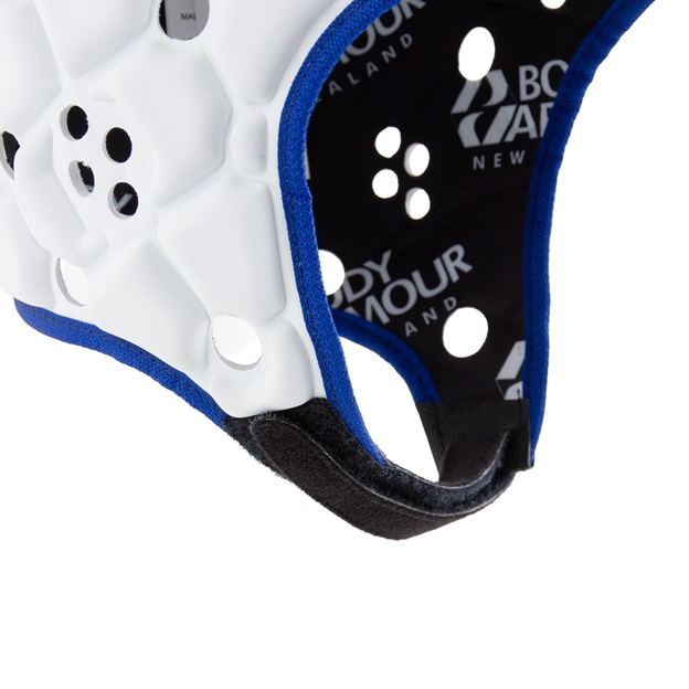 Body Armour Adults Ventilator Headguard White & Blue - Chin Strap Close-up