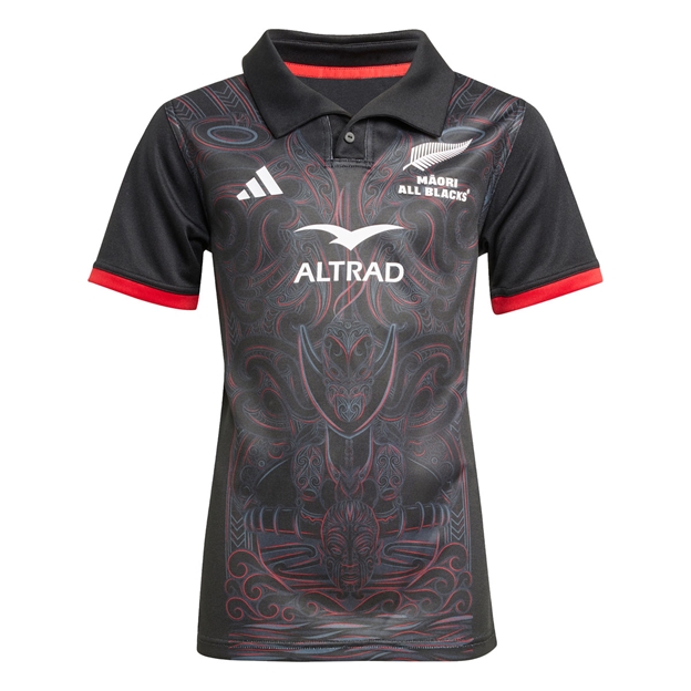 Maori All Blacks Kids Home Rugby Shirt Short Sleeve Black 25/26 - Front View
