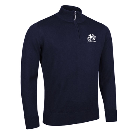 Scotland Mens Glenmuir Zip Water Repellent Merino Blend Sweater Navy - Front