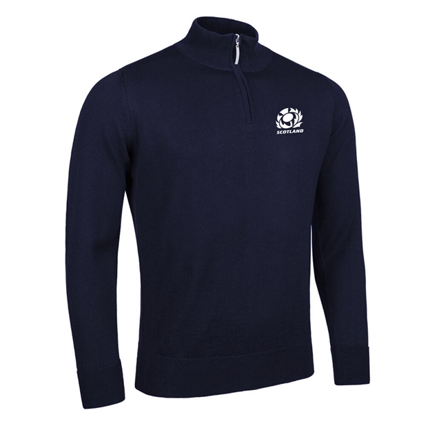 Scotland Mens Glenmuir Zip Water Repellent Merino Blend Sweater Navy - Front