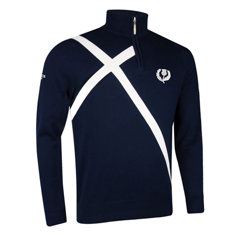 Scotland Mens Glenmuir Saltire Zip Neck Cotton Sweater Navy - Front