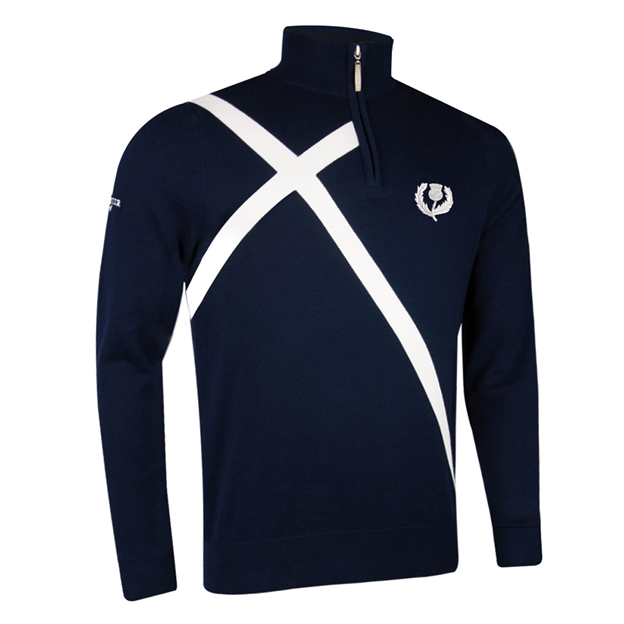 Scotland Mens Glenmuir Saltire Zip Neck Cotton Sweater Navy - Front