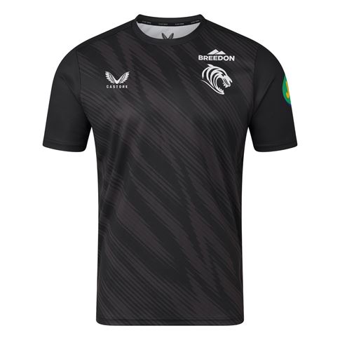 Leicester Tigers Mens Warm-Up Match Day T-Shirt 25/26 Black - Front Leicester Tigers Mens Warm-Up Match Day T-Shirt 25/26 Black - Front