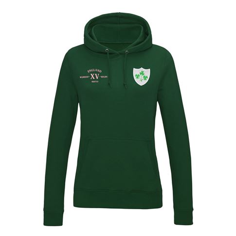 Ireland Womens Classic XV Hoodie Bottle Green - Front Ireland Womens Classic XV Hoodie Bottle Green - Front