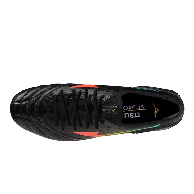 Mizuno Adults Morelia Neo V Βeta Elite Soft Ground Rugby Boots Black/Lava Orange/Arcadia - Top View
