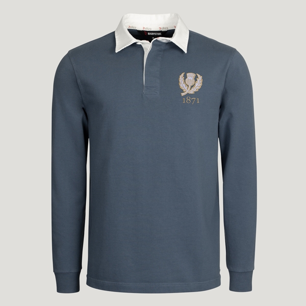 Scotland 1871 Heritage Pure Cotton Rugby Shirt Long Sleeve Petrol Blue - Front View