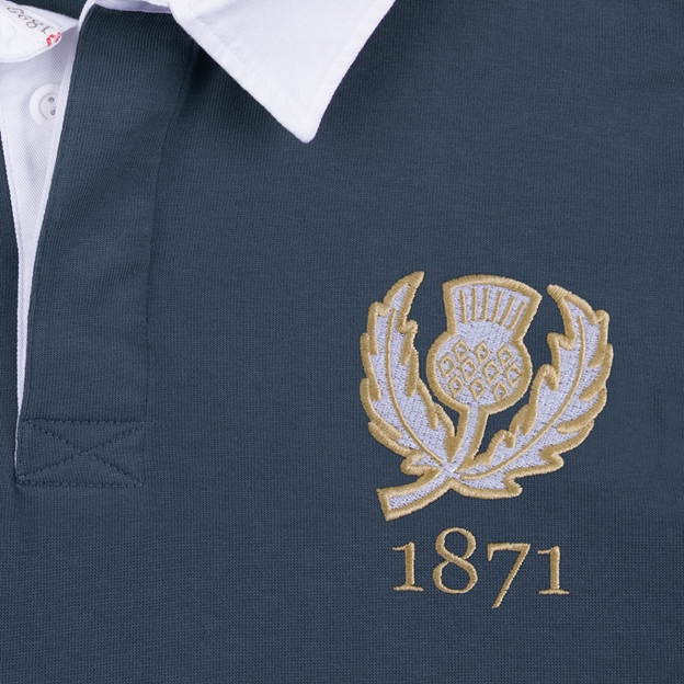 Scotland 1871 Adults Heritage Cotton Rugby Shirt Petrol Blue - Badge Close-up