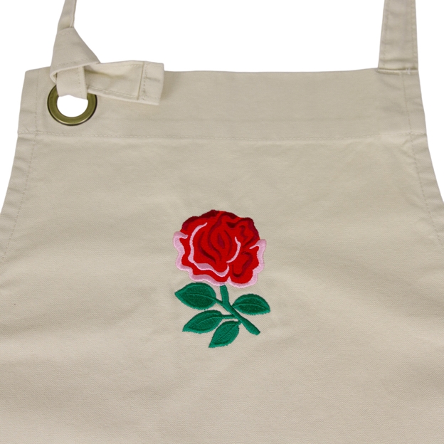 England Cotton Apron Natural - England Rose Embroidery Close-up