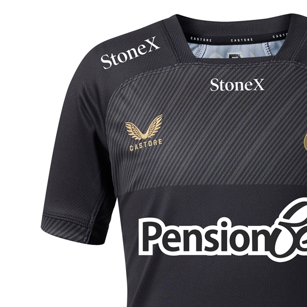 Saracens Kids Home Rugby Shirt 26/27 Caviar - Castore Logo Close-up