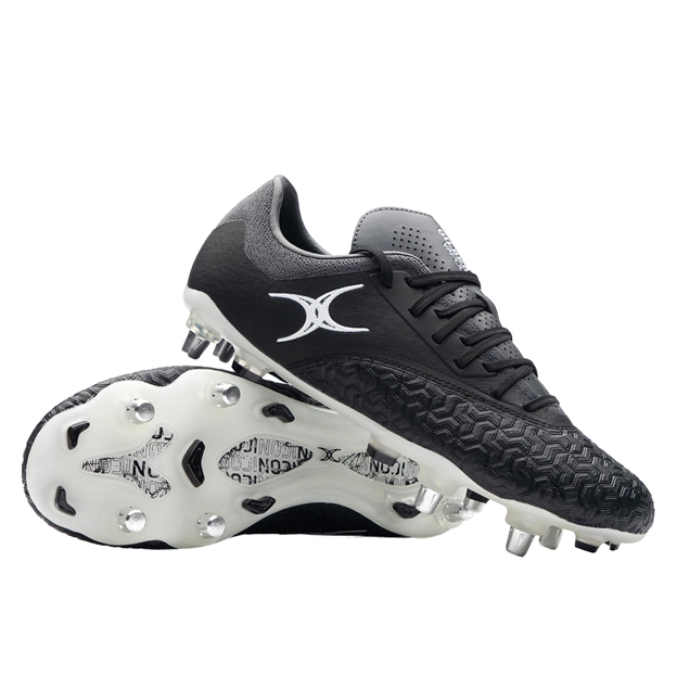 Gilbert Adults Icon Vapour 6 Stud Soft Ground Rugby Boots Black/Grey - Front View