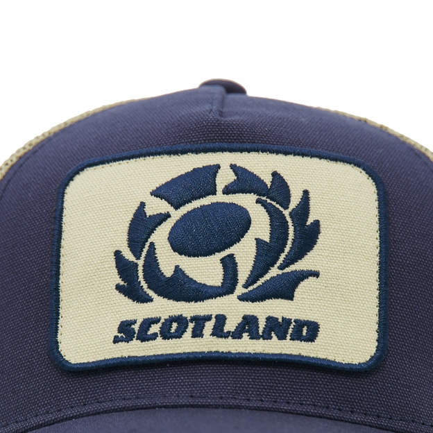 Scotland Trucker Cap 26/27 Navy and Sand - Scotland Patch Close-up
