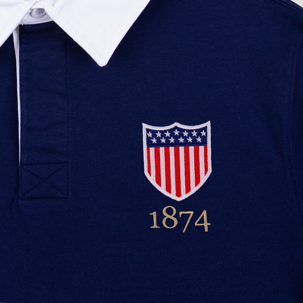 USA 1974 Adults Heritage Cotton Rugby Shirt Navy - Badge Close-up
