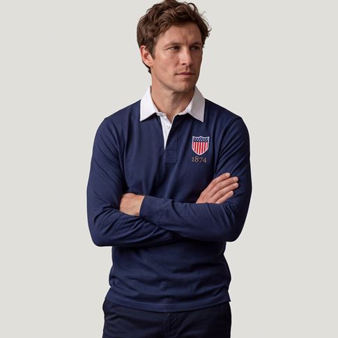 USA 1974 Adults Heritage Cotton Rugby Shirt Navy - Model Front View