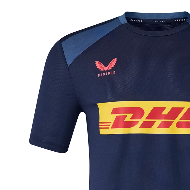 Harlequins Mens Performance T-Shirt 26/27 Navy and Ensign Blue - Castore Logo Close-up