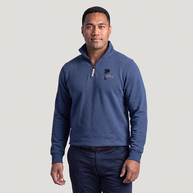Fiji 1884 Adults Half Zip Cotton Sweatshirt Petrol Blue - Model Front View