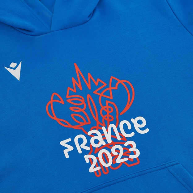 Rugby World Cup 2023 Macron Kids Cup Pullover Hoodie Royal - Front Graphic Close-up