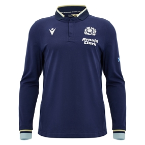 Scotland Mens Home Classic Cotton Rugby Shirt 26/27 Long Sleeve Navy and Sand - Front View