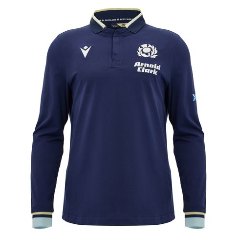 Scotland Mens Home Classic Cotton Rugby Shirt 26/27 Long Sleeve Navy and Sand - Front View