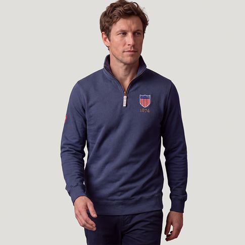 USA 1874 Adults Half Zip Cotton Sweatshirt Petrol Blue - Model Front View