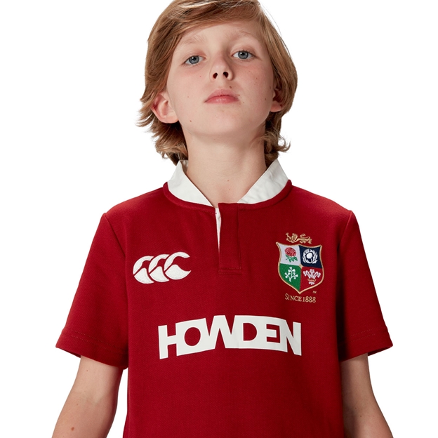 British and Irish Lions Junior Short Sleeve Classic Rugby Shirt - Red - Model Front Half