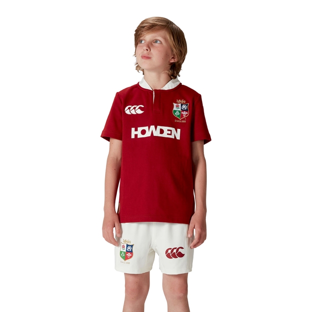 British and Irish Lions Junior Short Sleeve Classic Rugby Shirt - Red - Model Front Full