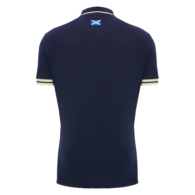 Scotland Mens Travel Fitted Cotton Polo 26/27 Navy and Sand - Back View