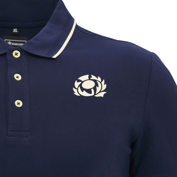 Scotland Mens Travel Fitted Cotton Polo 26/27 Navy and Sand - SRU Thistle Close-up