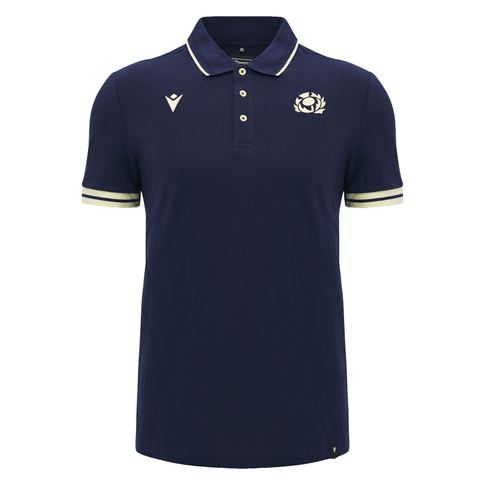 Scotland Mens Travel Fitted Cotton Polo 26/27 Navy and Sand - Front View
