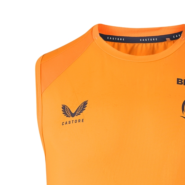 Leicester Tigers Mens Performance Vest 26/27 Blazing Orange - Castore Logo Close-up