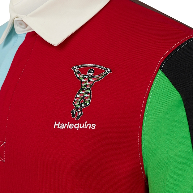 Harlequins Mens Retro Rugby Shirt Sky Blue/Jester Red 25/26 - Jester Embroidered on Left Chest