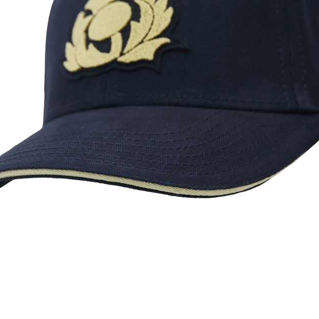 Scotland Baseball Cap 26/27 Navy and Sand SRU Thistle - Peak Close-up