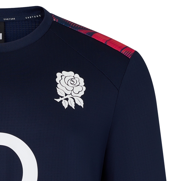 England Mens Pre Match Drill Top 26/27 Blue Opal - RFU Rose Close-up