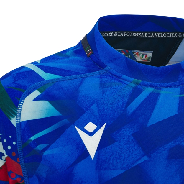 Italy Mens Home Rugby Shirt 26/27 Blue - Macron Logo Close-up