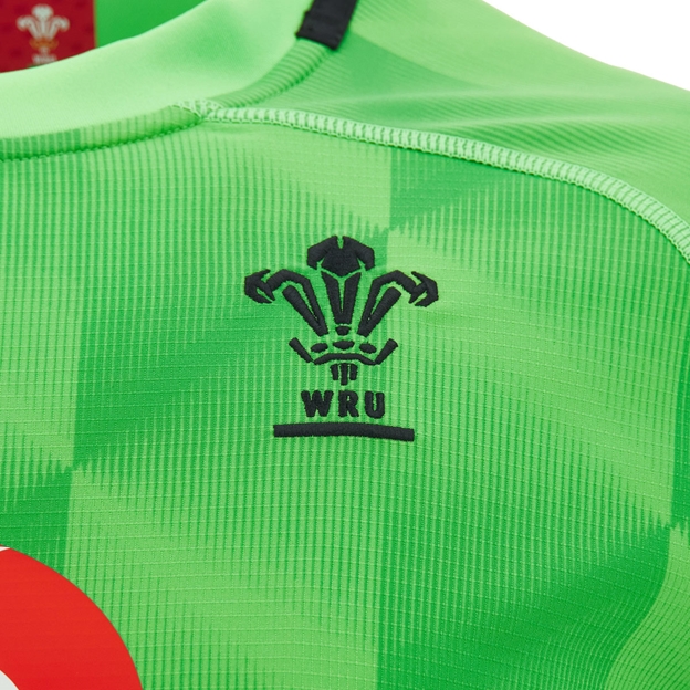 Wales Mens Training Rugby Shirt 26/27 Neon Green - WRU Logo Close-up