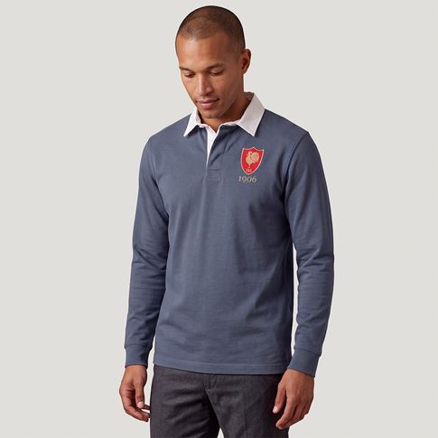 France 1906 Adults Heritage Rugby Shirt Petrol Blue - Model Front Main View