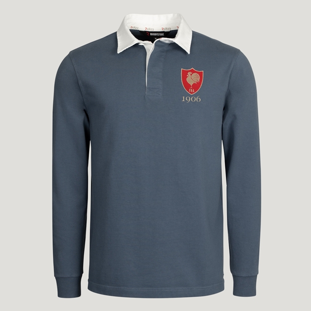 France 1906 Heritage Pure Cotton Rugby Shirt Long Sleeve Petrol Blue - Front View