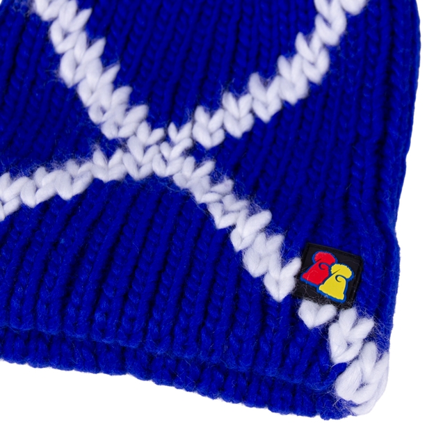 Big Bobble 'Scotland the Brave' Beanie Hat Blue & White - Rubber Logo Close-up