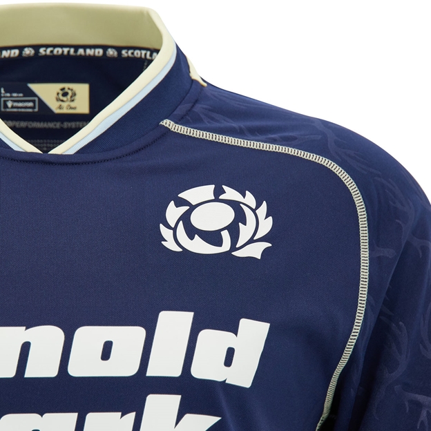 Scotland Mens Home Rugby Shirt 26/27 Navy and Sand - Scotland Thistle Close-up