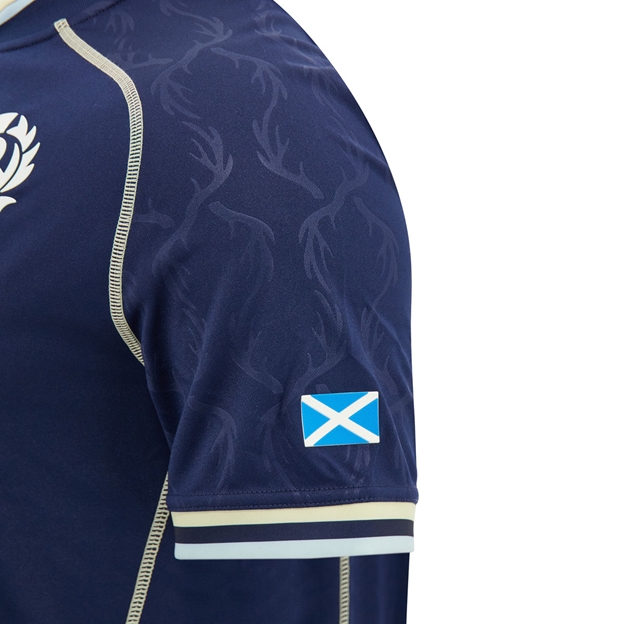 Scotland Mens Home Rugby Shirt 26/27 Navy and Sand - Scotland Flag Close-up